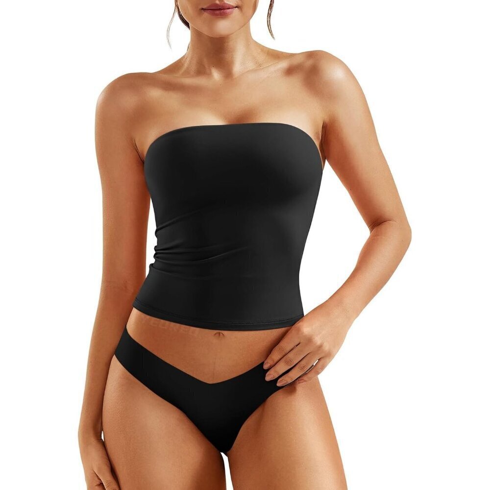 🆕 Black Double Lined Strapless Tube Top Fitted Nylon Going Out Shirt Women’s